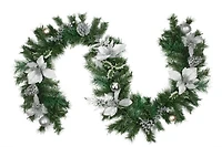 Pre-Decorated Silver Poinsettia Pine Cone & Ball Artificial Garland, Unlit