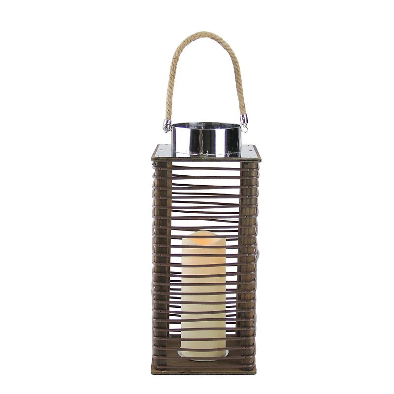 15.5" Wooden Corded Lantern with LED Pillar Candle