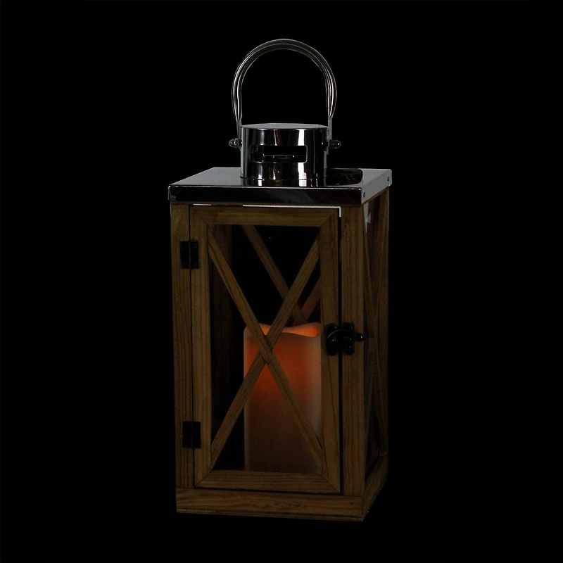 13.5" Rustic Wood Flameless Pillar Candle Lantern