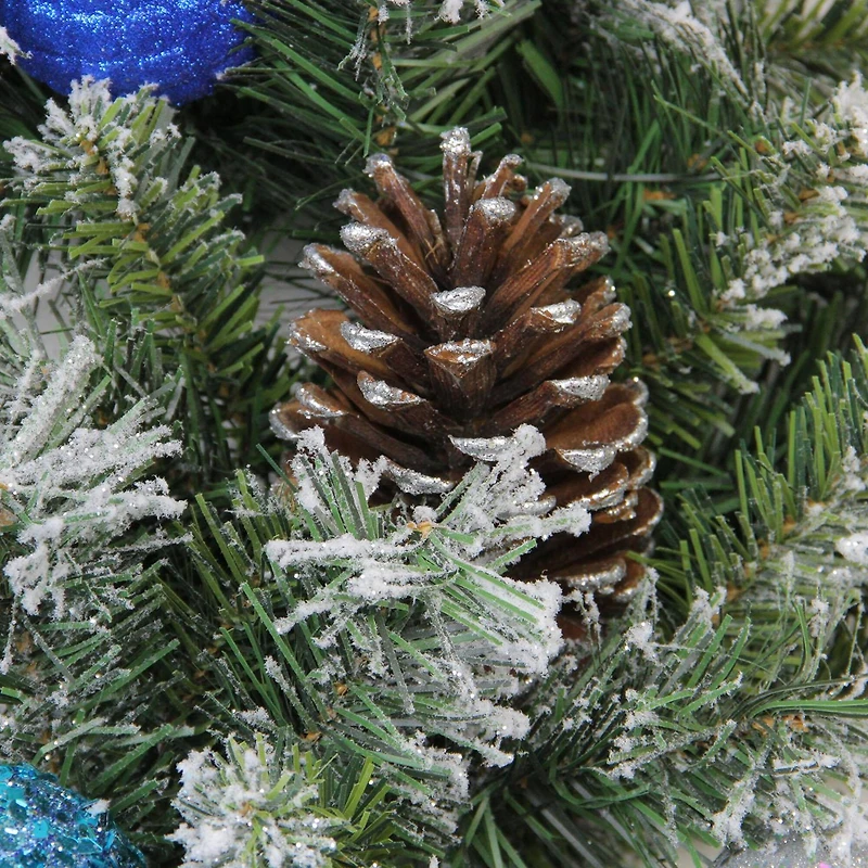 24" Teal & Silver Ball Flocked with Pinecones Artificial Wreath