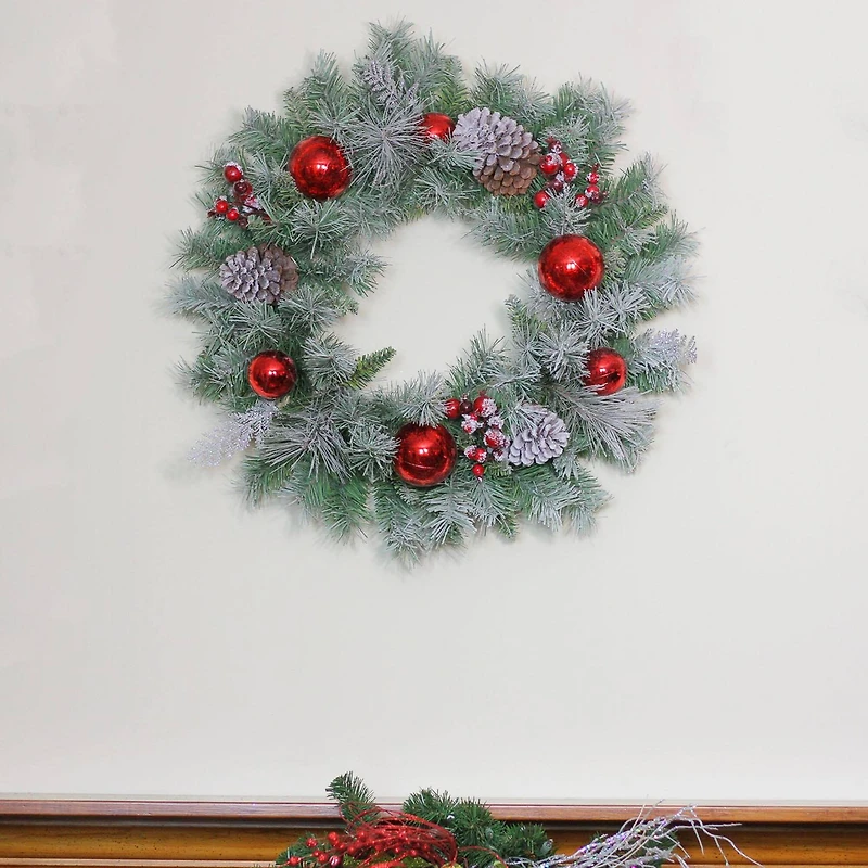 24" Flocked Pine Red Ball Berries & Silver Cedar Artificial Wreath, Unlit