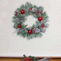 24" Flocked Pine Red Ball Berries & Silver Cedar Artificial Wreath, Unlit