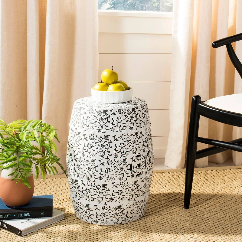 Flower And Vine Garden Stool in White & Charcoal