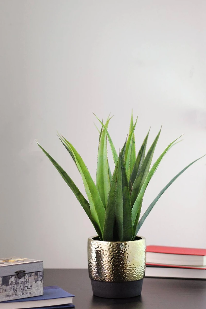 17" Green Artificial Agave in Hammered Gold Look Ceramic Pot