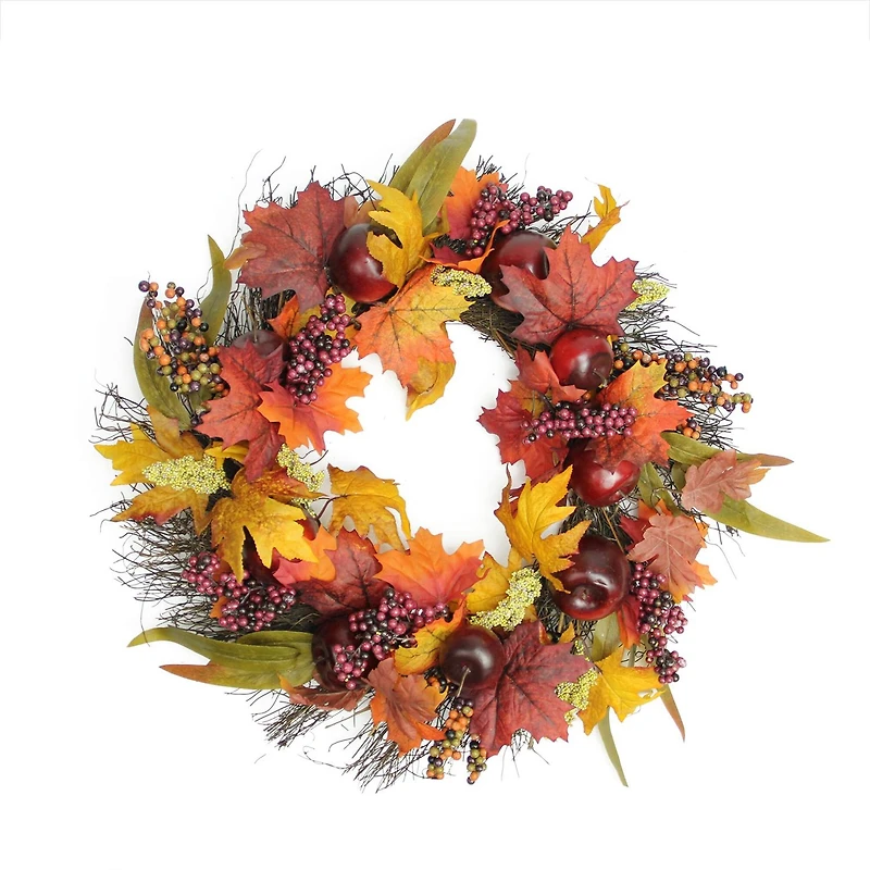 22" Autumn Harvest Apple, Berry and Leaf Artificial Thanksgiving Floral Wreath