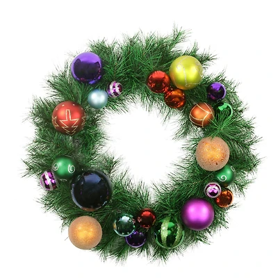 24" Pre-Decorated Multicolor Ball Ornament Long Needle Pine Artificial Christmas Wreath, Unlit