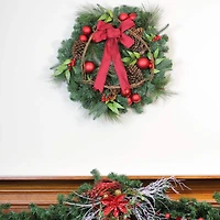 24" Red Ball Ornaments & Pinecones Artificial Pine Wreath