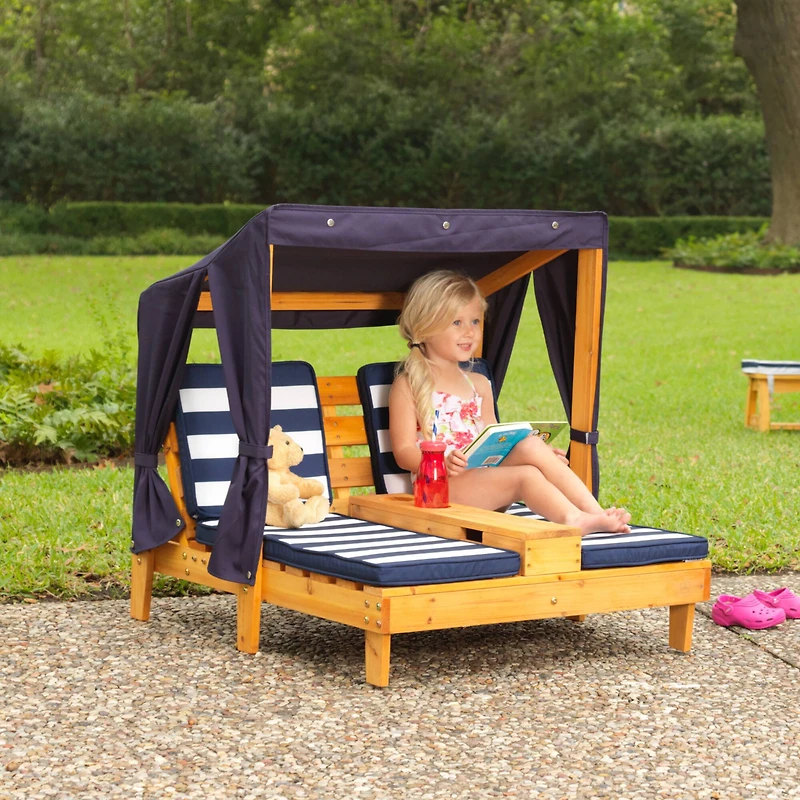 KidKraft Double Chaise Lounge with Cup Holders, Honey & Navy