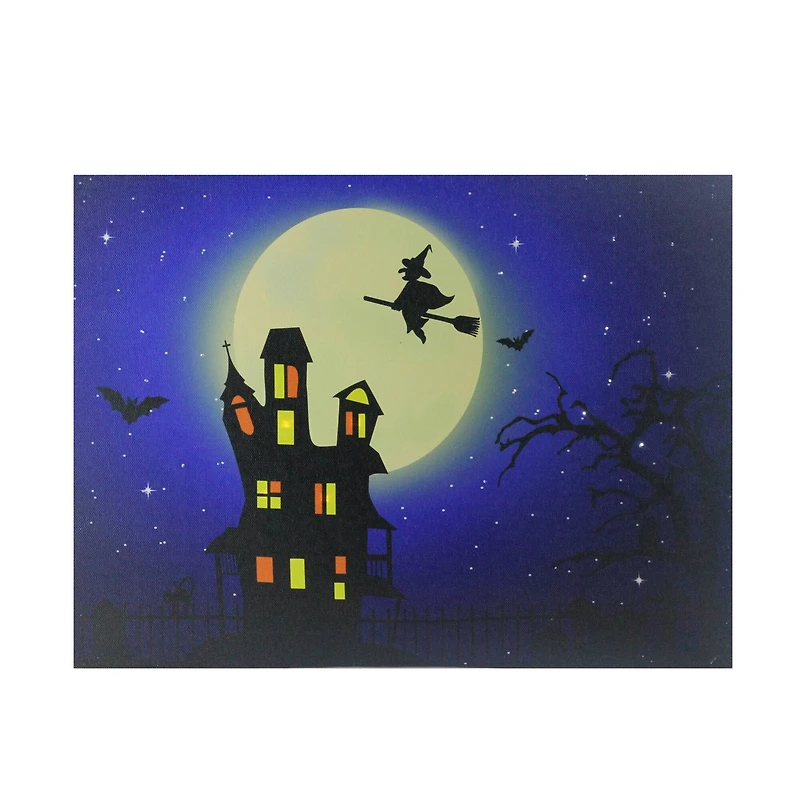 LED Lighted Witch in the Moon Halloween Canvas Wall Art