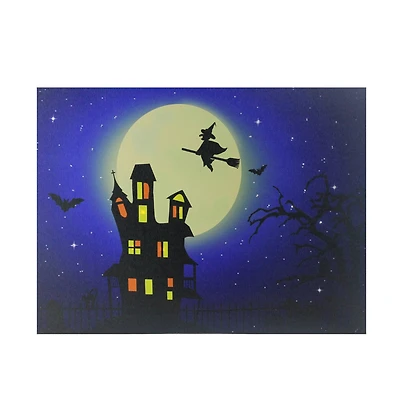 LED Lighted Witch in the Moon Halloween Canvas Wall Art