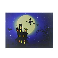 LED Lighted Witch in the Moon Halloween Canvas Wall Art