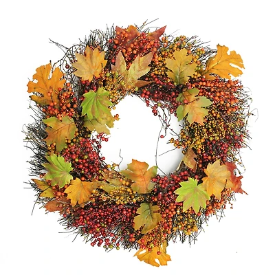 22" Unlit Autumn Harvest Artificial Maple Leaf & Berry Thanksgiving Wreath