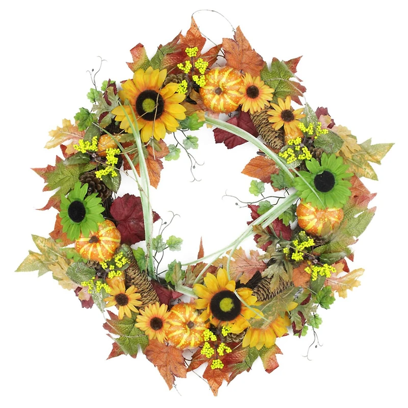 24" Unlit Autumn Mixed Leaf, Flowers, Pine Cones & Pumpkin Artificial Thanksgiving Wreath