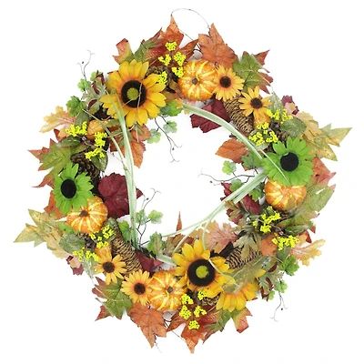 24" Unlit Autumn Mixed Leaf, Flowers, Pine Cones & Pumpkin Artificial Thanksgiving Wreath