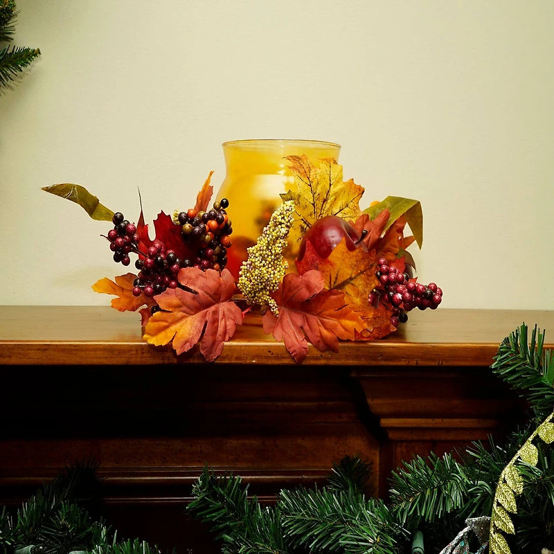 17" Autumn Apple & Berry Hurricane Glass Pillar Candle Holder
