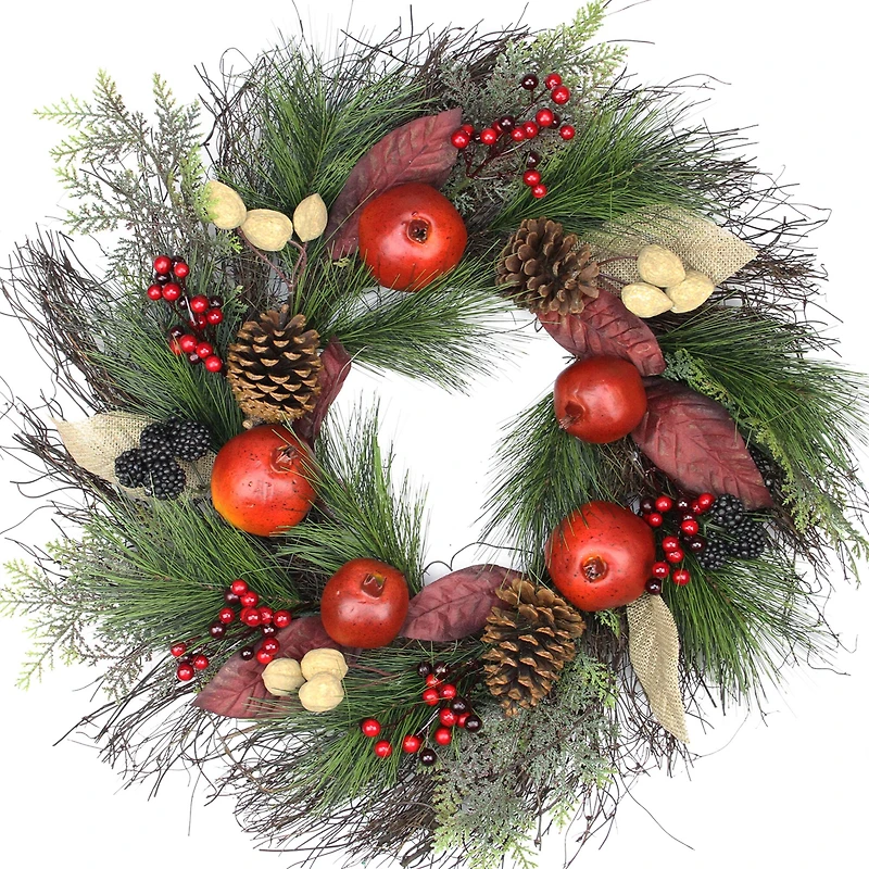 24" Unlit Autumn Harvest Mixed Pine, Berry & Nut Thanksgiving Fall Wreath