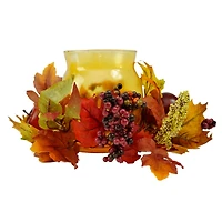 17" Autumn Apple & Berry Hurricane Glass Pillar Candle Holder