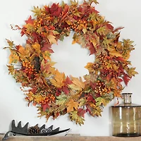 32" Unlit Autumn Harvest Artificial Orange, Green & Gold Berries & Leaves Wreath