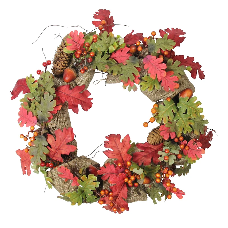 18" Unlit Autumn Harvest Acorn, Berry & Burlap Rustic Thanksgiving Wreath