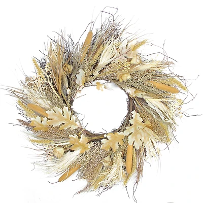 24" Unlit Autumn Harvest Artificial Cattail & Wheat Thanksgiving Wreath