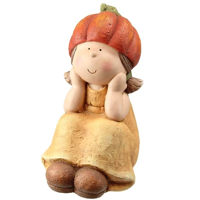 14.5" Sitting Pumpkin Girl in Tan Dress Table Top Decoration