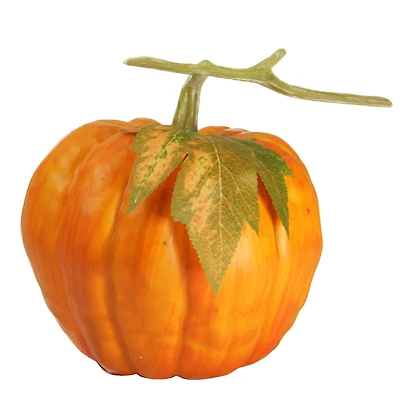 Thanksgiving Fall Harvest Bright Orange Artificial Pumpkin with Leaf Decoration