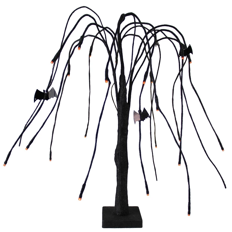24" Pre-Lit Black Glitter Cascading Willow Artificial Halloween Tree with Bats, Orange LED Lights