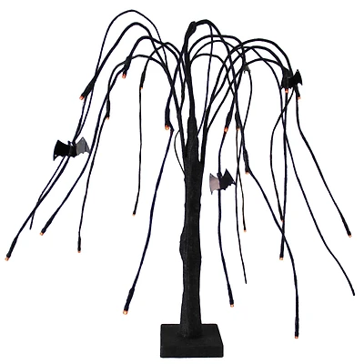 24" Pre-Lit Black Glitter Cascading Willow Artificial Halloween Tree with Bats, Orange LED Lights
