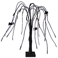24" Pre-Lit Black Glitter Cascading Willow Artificial Halloween Tree with Bats, Orange LED Lights
