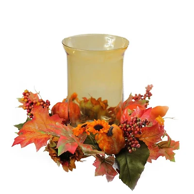 10" Autumn Sunflower & Pumpkin Hurricane Pillar Candle Holder