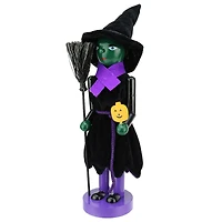 Green Wooden Witch Holding Broom & Jack-O-Lantern Halloween Nutcracker
