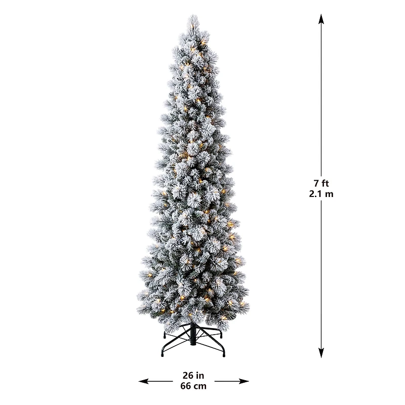 7ft. Pre-Lit Flocked Slim Artificial Christmas Tree, Warm White Twinkle LED Lights by Ashland®