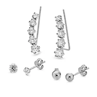 Womens Cubic Zirconia Sterling Silver Ball 3 Pair Earring Set