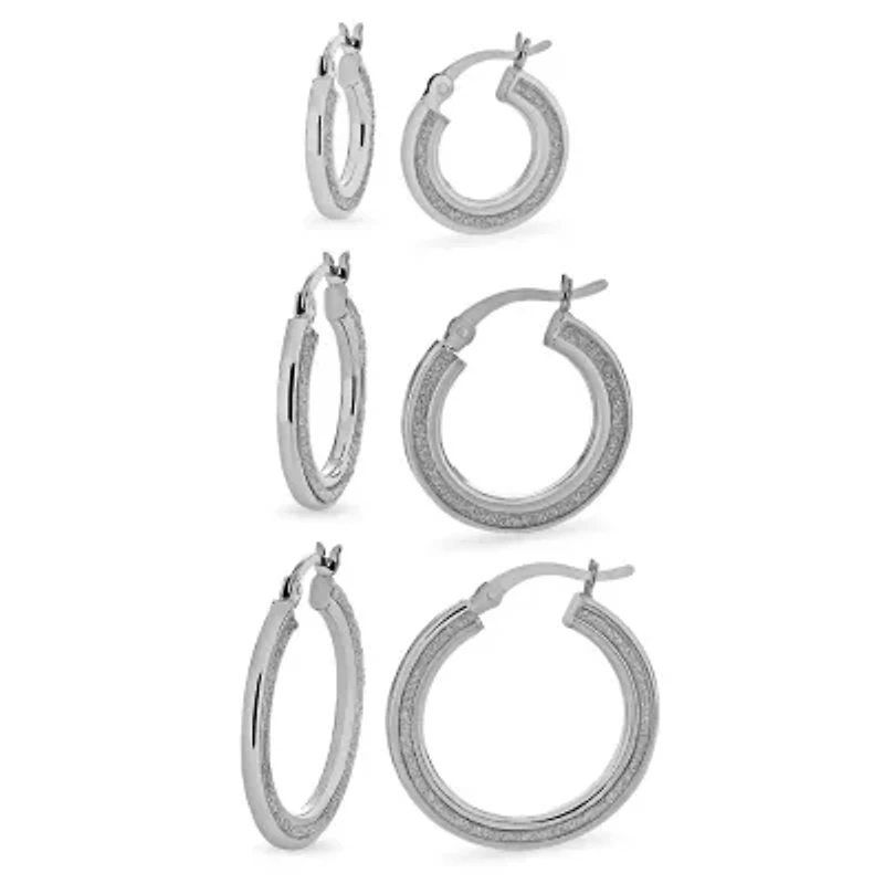 Sterling Silver Rhodium Plated Glitter Hoop Earrings Set