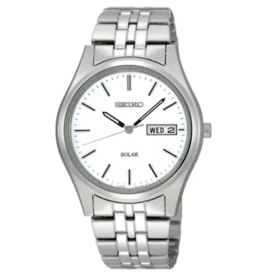 Seiko® Mens Silver-Tone Dial Stainless Steel Solar Watch SNE031