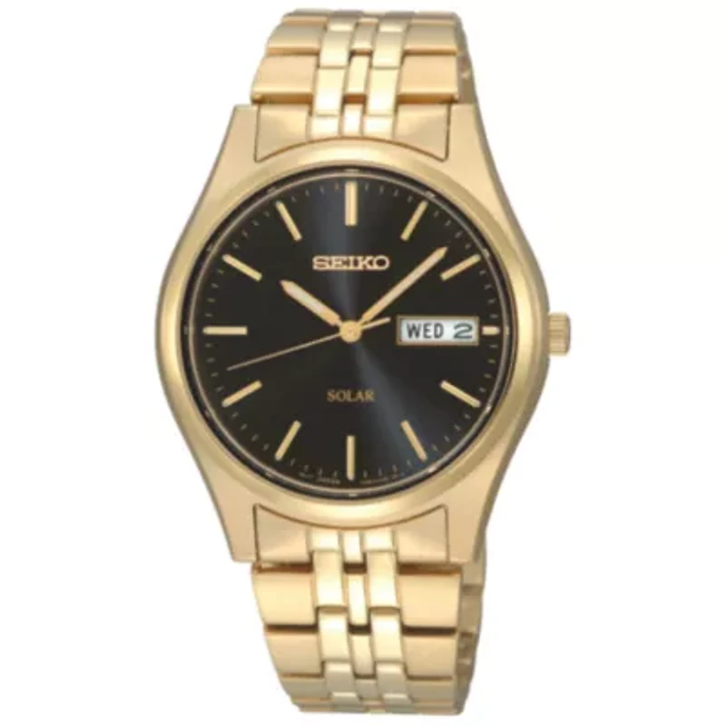 Seiko® Mens Black Dial Gold-Tone Stainless Steel Solar Watch SNE044