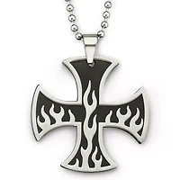 Mens Flame Iron Cross Pendant Necklace Stainless Steel