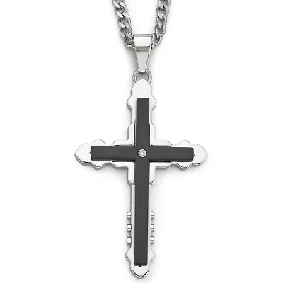Mens Diamond-Accent Cross Pendant Necklace Stainless Steel