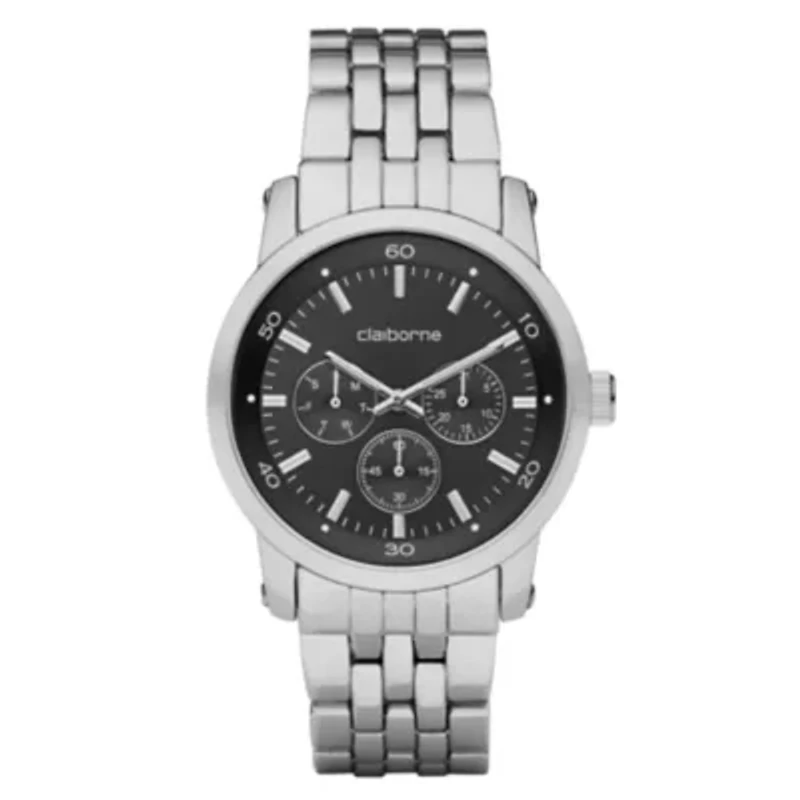Claiborne Mens Black & Silver-Tone Multifunction Watch