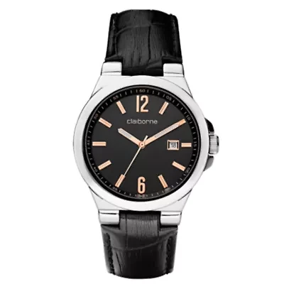 Claiborne Mens Black Leather Strap Watch
