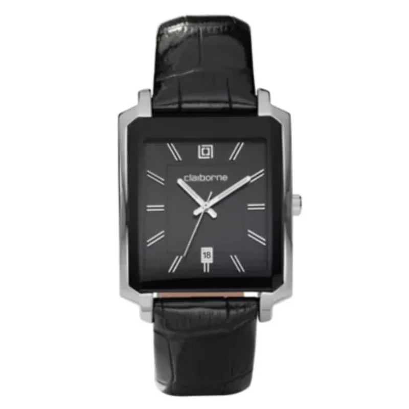 Claiborne Mens Black Leather Strap Rectangle Watch