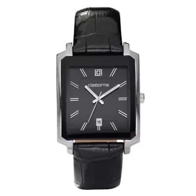 Claiborne Mens Black Leather Strap Rectangle Watch