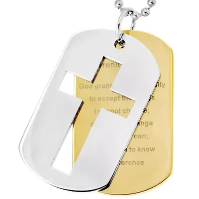 Stainless Steel "Serenity Prayer" & Cross Dog Tags