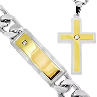 Stainless Steel & Cubic Zirconia Cross Pendant Necklace & Bracelet Set