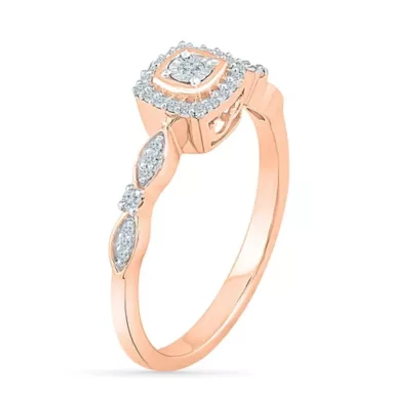 Promise My Love Womens 1/8 CT. T.W. Natural White Diamond 10K Rose Gold Cushion Side Stone Ring