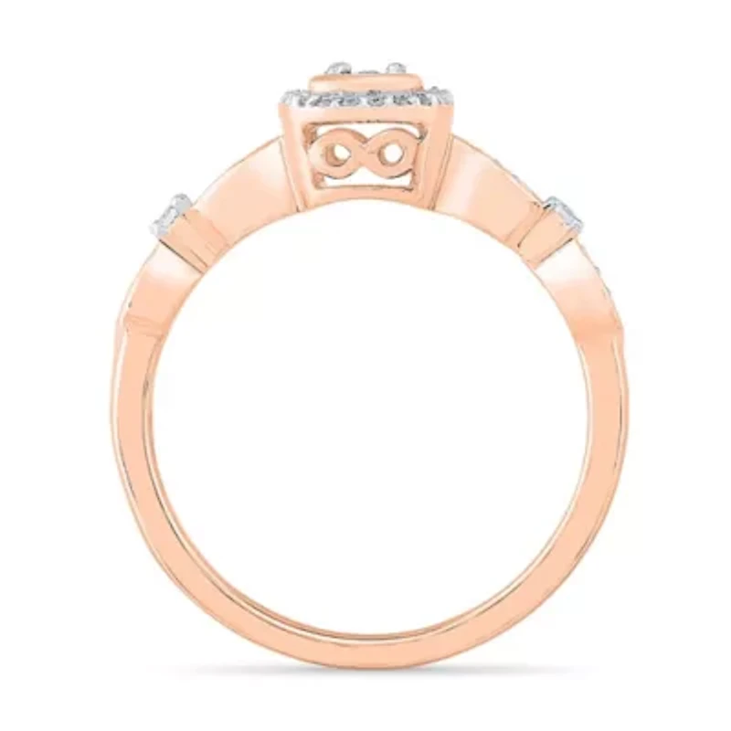 Promise My Love Womens 1/8 CT. T.W. Natural White Diamond 10K Rose Gold Cushion Side Stone Ring