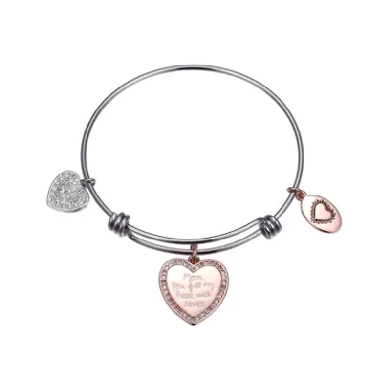 Footnotes Mom Womens Cubic Zirconia Stainless Steel Heart Bangle Bracelet