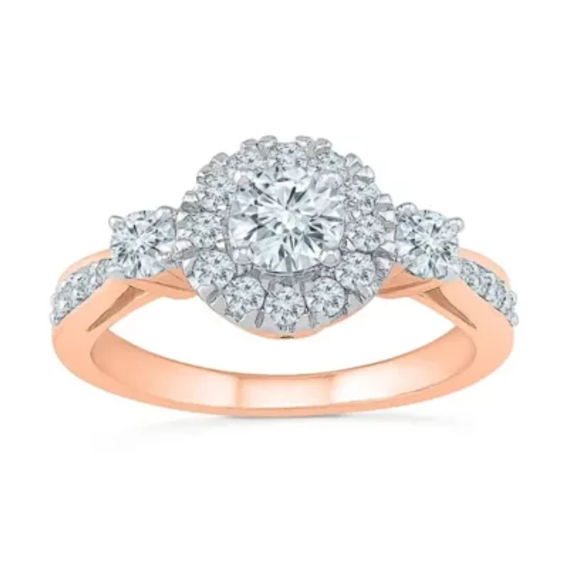 Promise My Love Womens 1 CT. T.W. Natural White Diamond 10K Rose Gold Round 3-Stone Halo Engagement Ring
