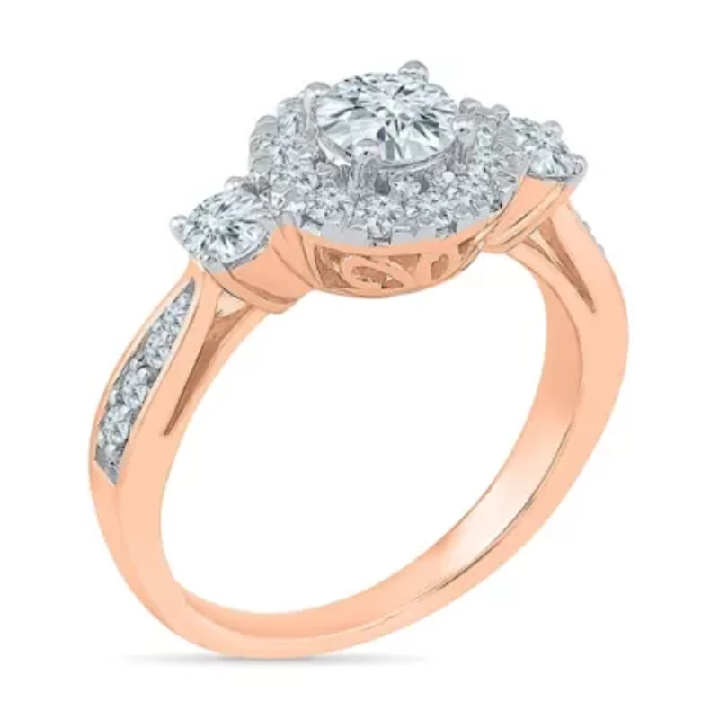Promise My Love Womens 1 CT. T.W. Natural White Diamond 10K Rose Gold Round 3-Stone Halo Engagement Ring