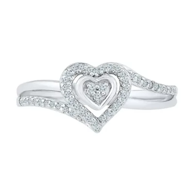Promise My Love Womens 1/6 CT. T.W. Natural White Diamond Sterling Silver Heart Side Stone Halo Ring